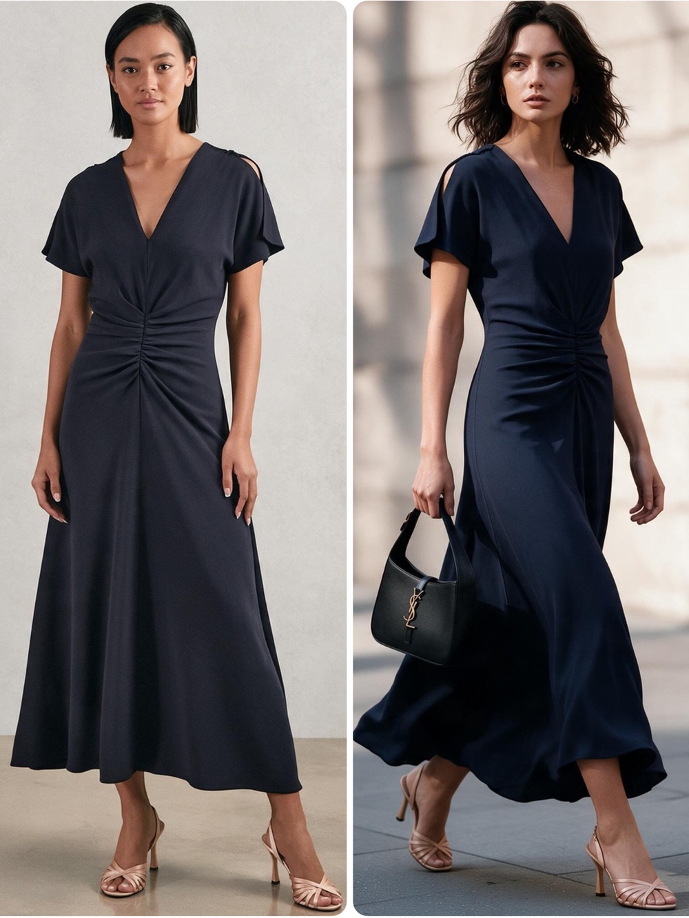 Reiss Rowe Viscose Navy Ruched Front Flutter Sleeveless Midi Dress NWOT $400